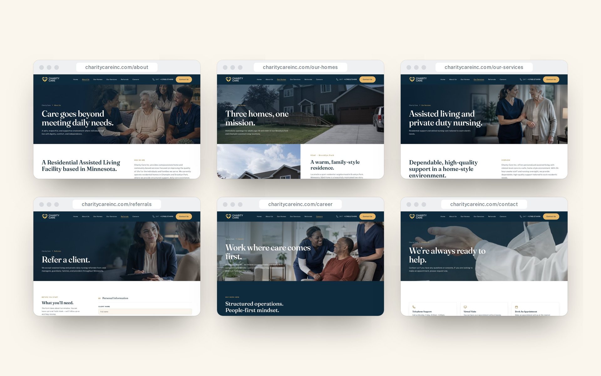 Six inner pages of the Charity Care website