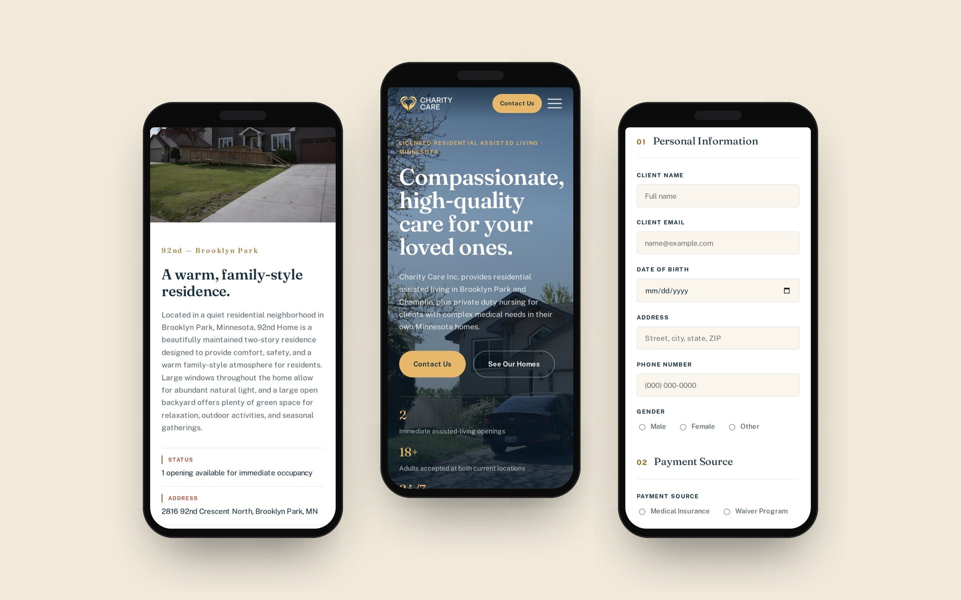 Charity Care home listing, homepage and referral form on mobile