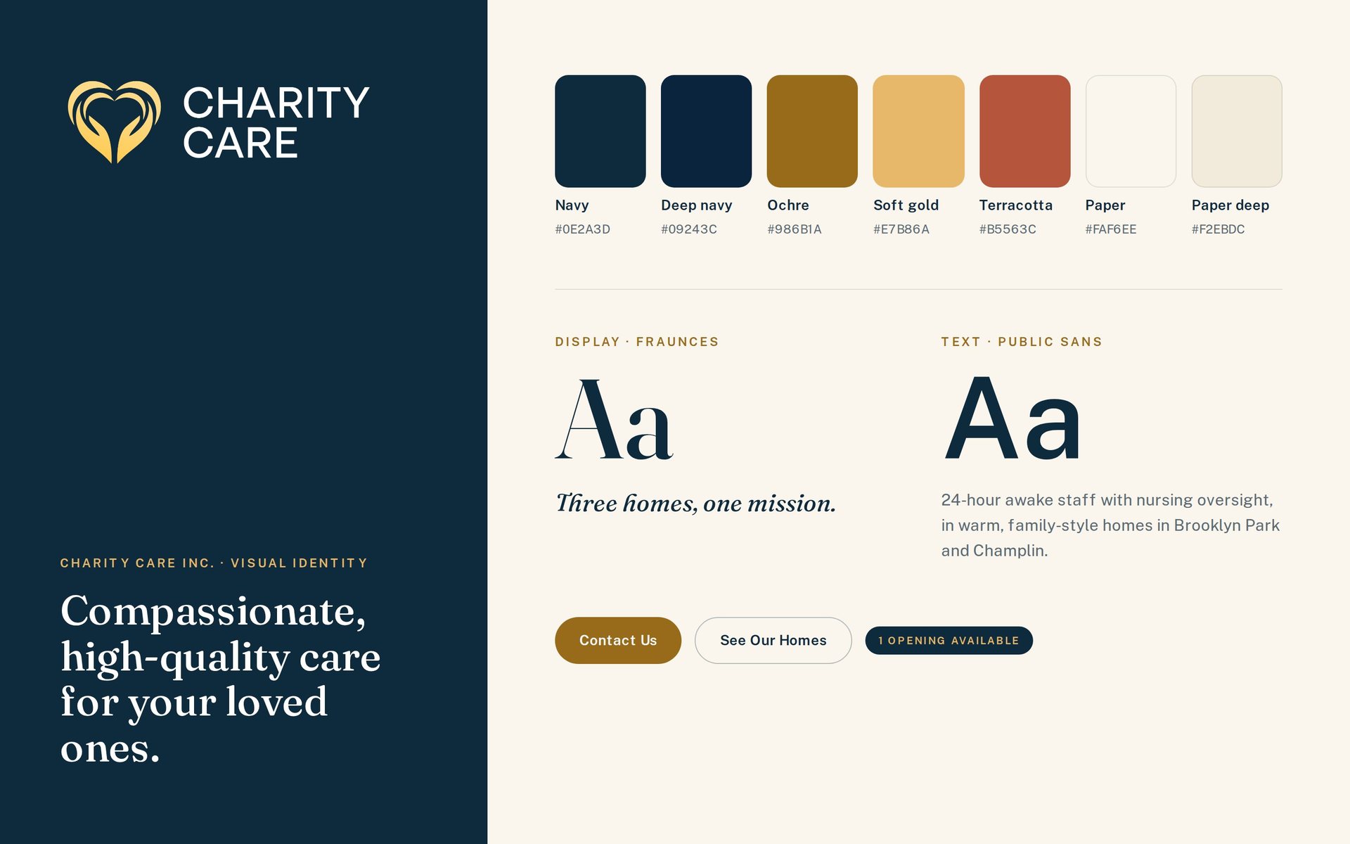 Charity Care logo, color palette and typography