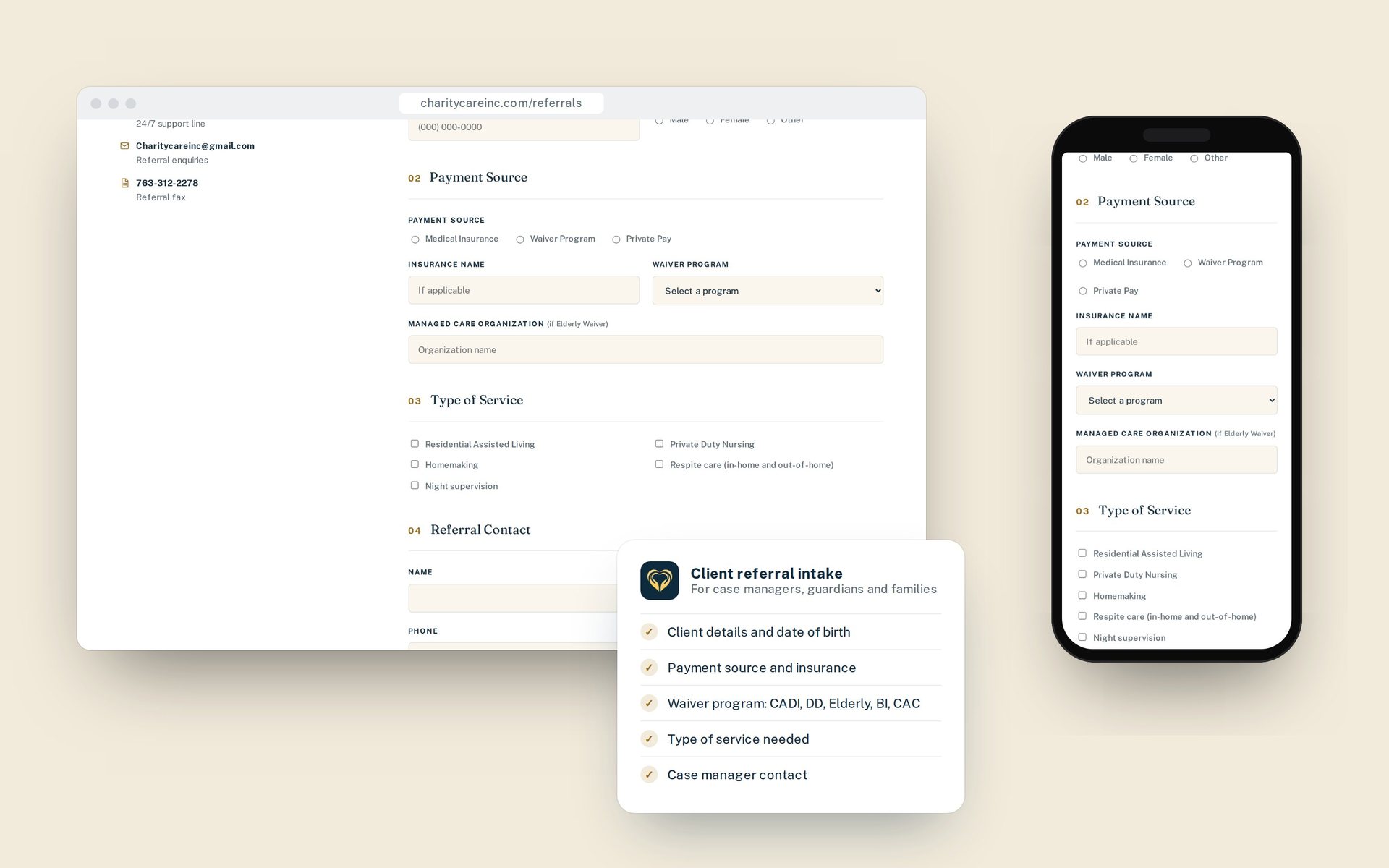 Charity Care referral intake form for case workers on desktop and mobile