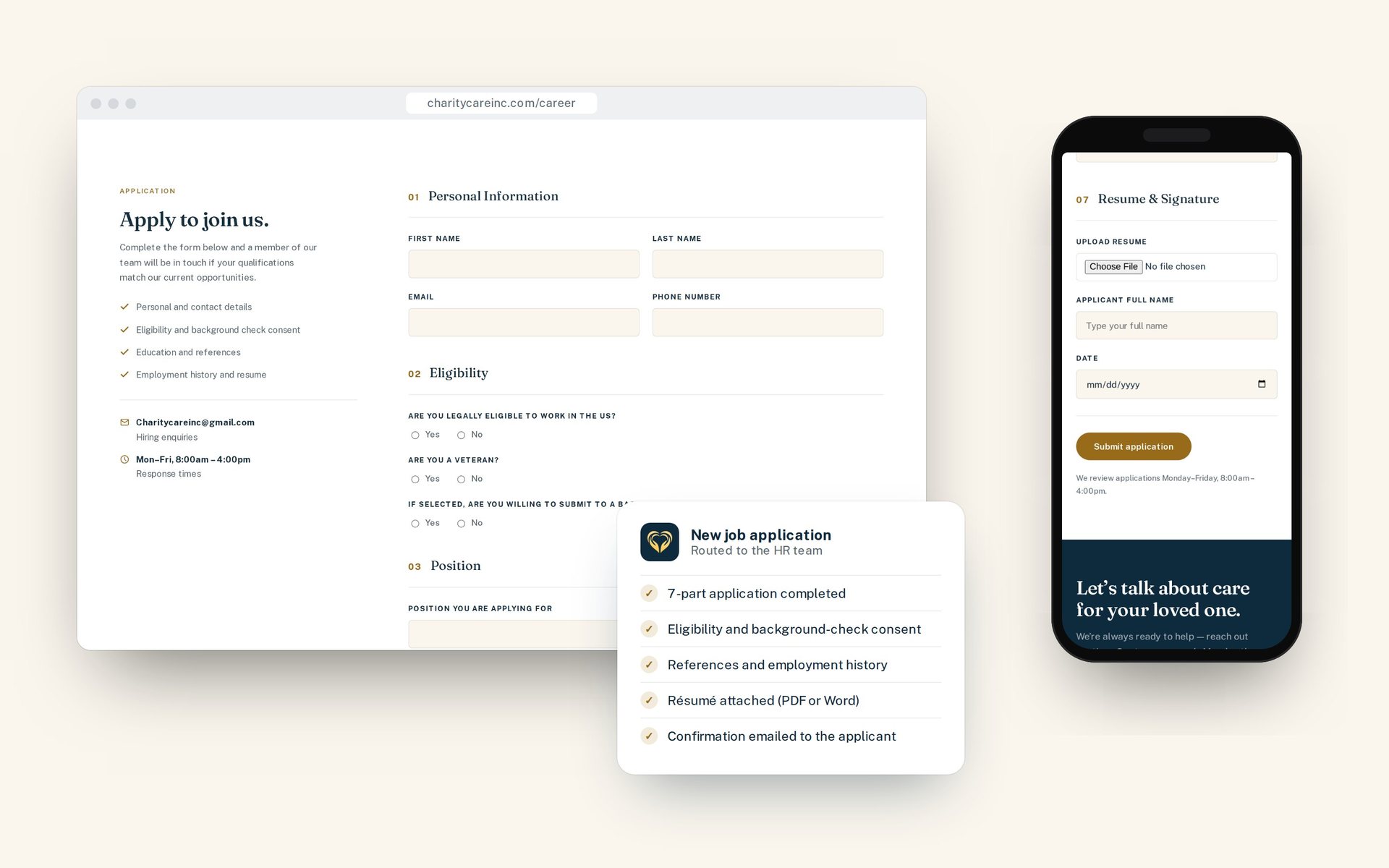 Charity Care careers application on desktop and mobile, routed to the HR team