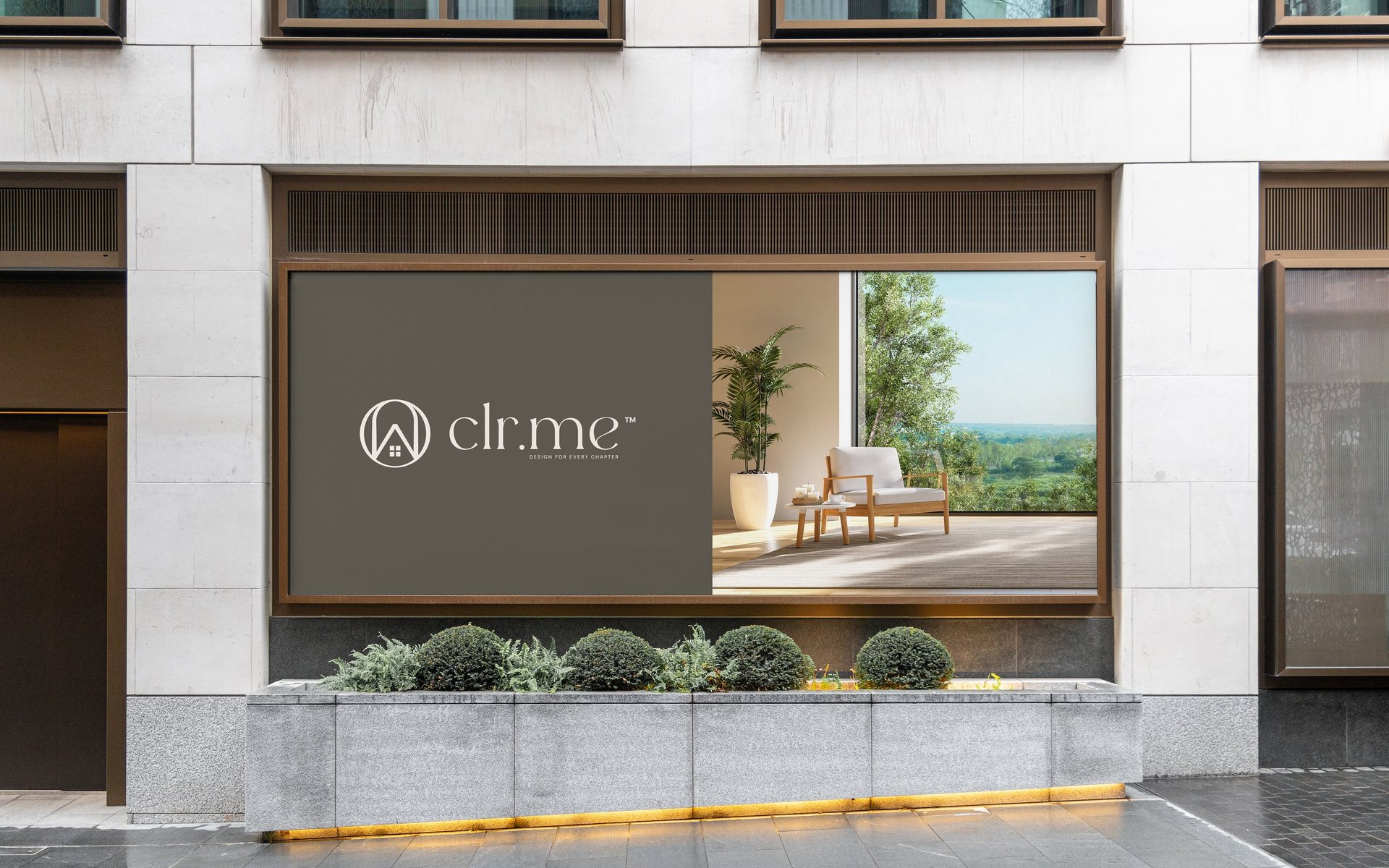 clr.me logo on a building window display