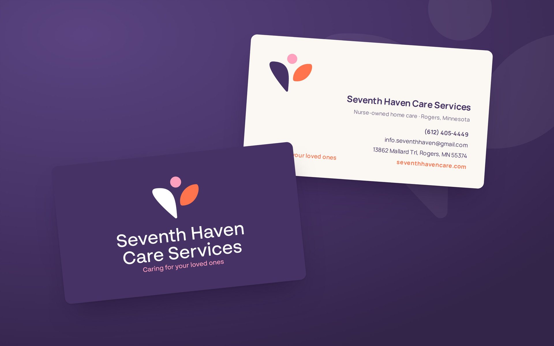 Seventh Haven business cards in the new brand purple and cream