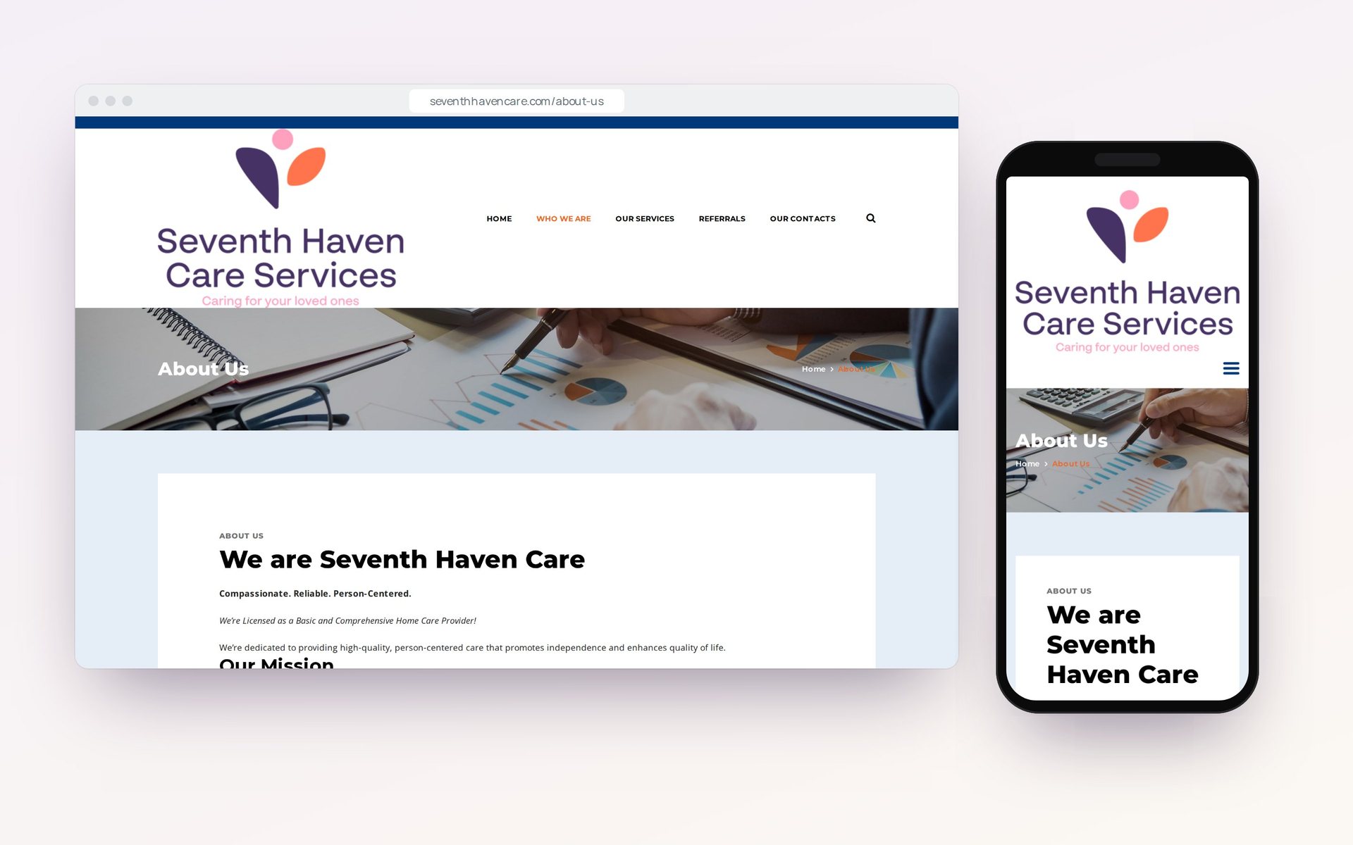 Seventh Haven website on desktop and mobile with the new logo